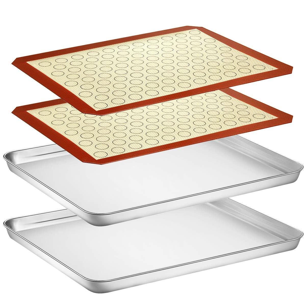 Baking Sheet with Silicone Mat Set, Yododo Set of 4 (2 Sheets + 2 Mats), Stainless Steel Cookie Sheet Baking Pan with Silicone Baking Mat, Size 16 x 12 x 1 inch, Non Toxic & Heavy Duty & Easy Clean