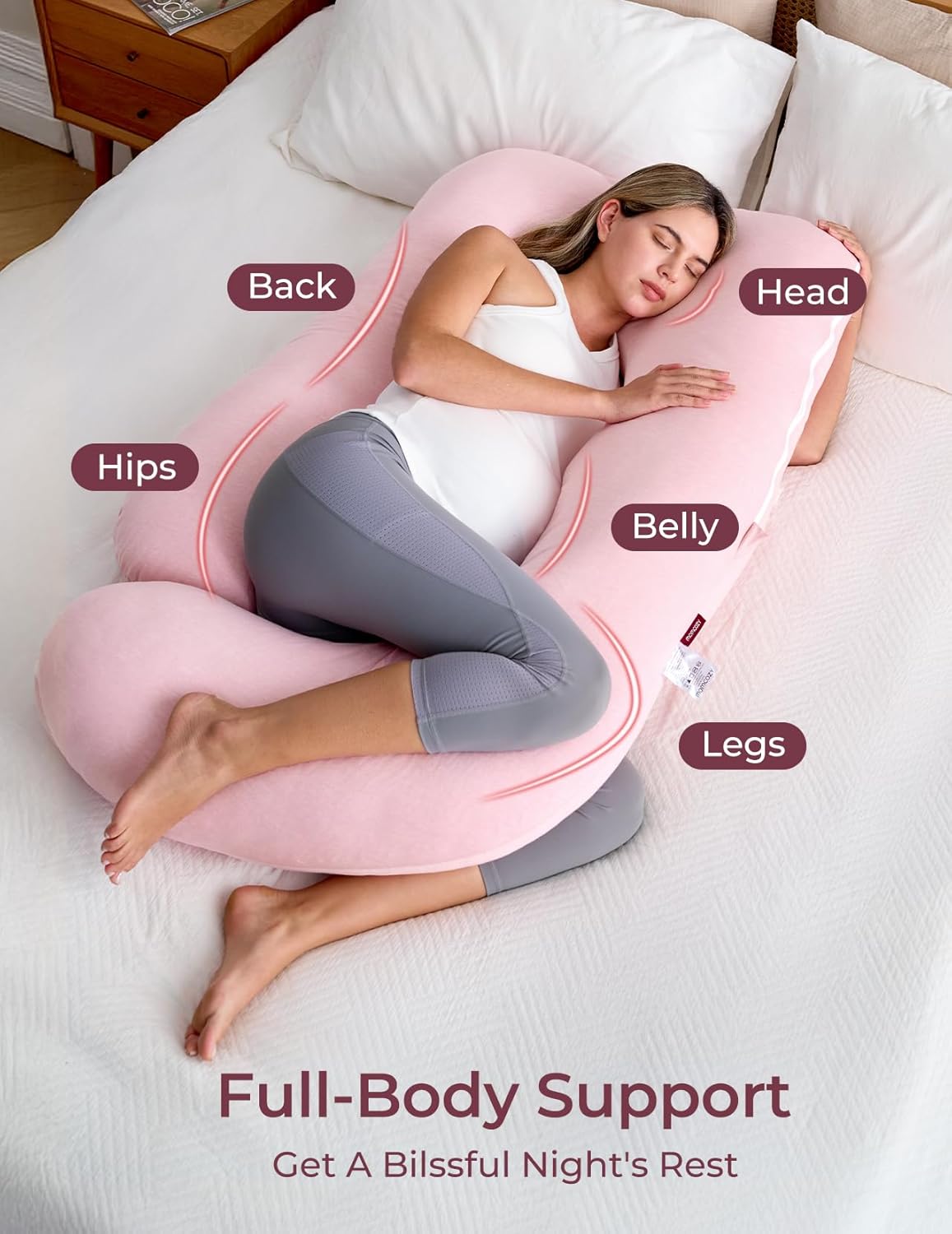 Momcozy U-Shaped Pregnancy Pillow - Full Body Maternity Support for Side Sleeping, 57 Inch, Pink