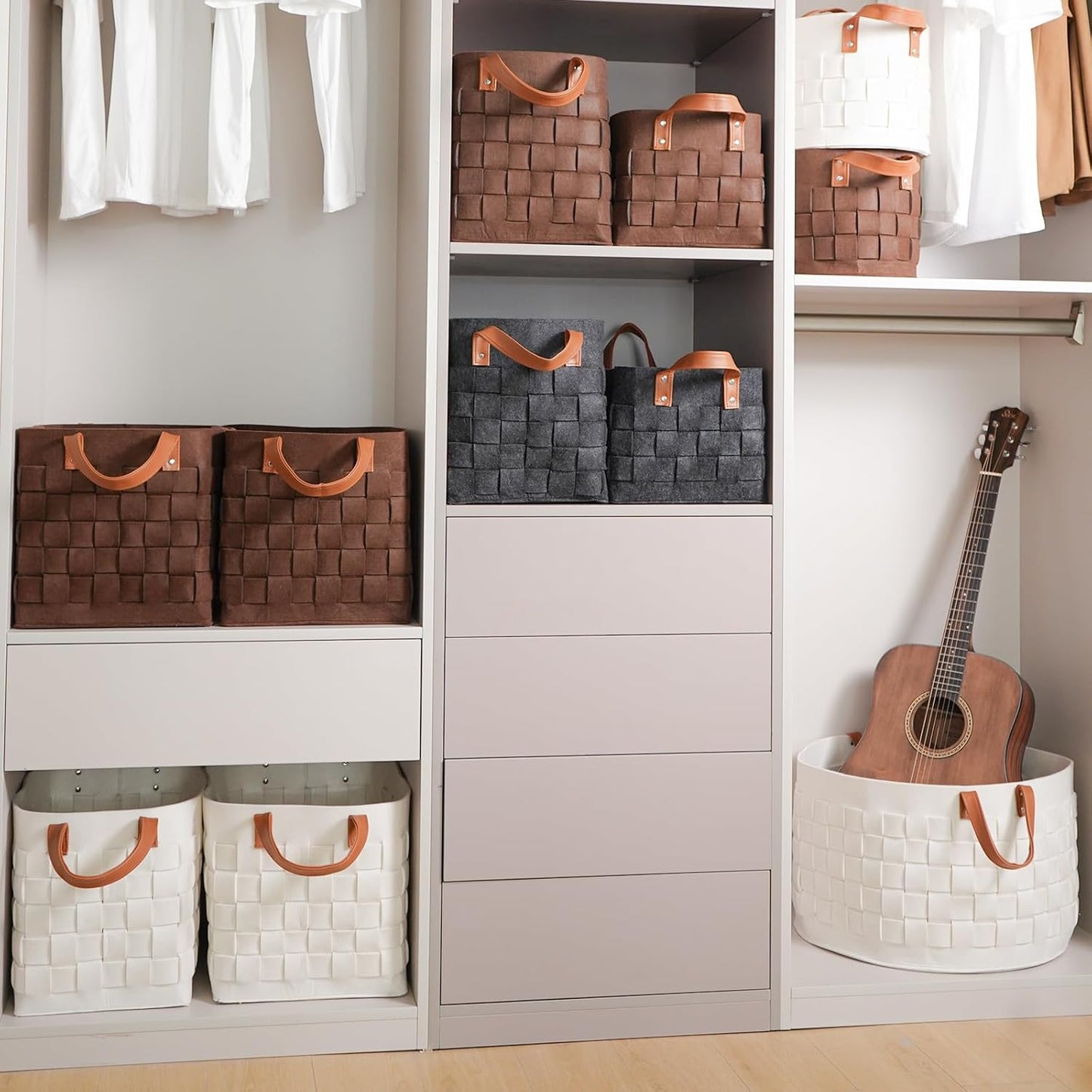 BOLDMONKEY Laundry Basket - Large Felt Fabric Hamper with Leather Handle | 20" x 20" x 11.8" - Brown