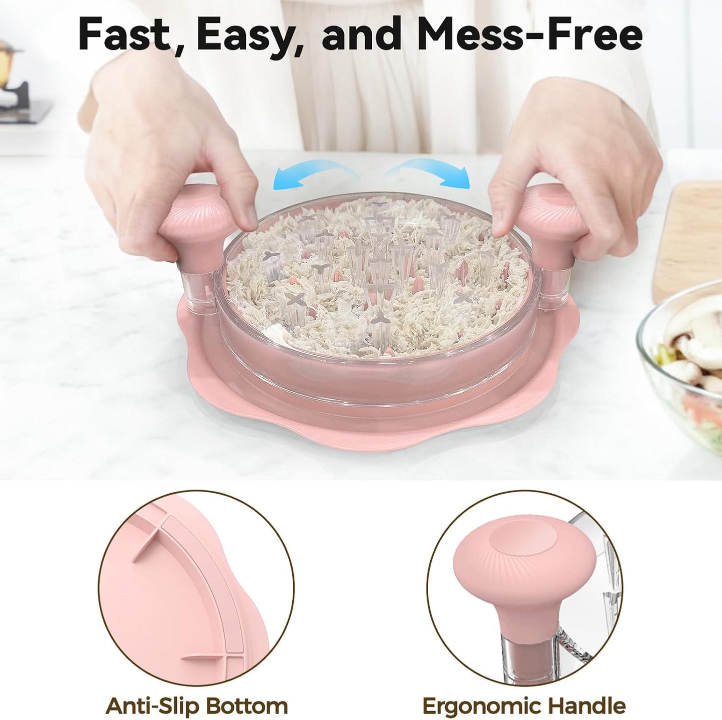 Ukeetap 10" Pro Chicken Shredder Tool - BPA-Free Ergonomic Meat Grinder with Anti-Slip Base, Pink