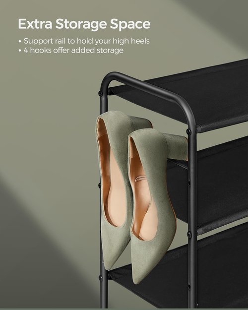 SONGMICS Shoe Rack, 2-Tier Shoe Organizer, Fabric Shoe Shelf Storage with 4 Hooks, Holds up to 12 Pairs of Shoes, Height-Adjustable Shoe Rack for Entryway, Hallway, Closet, Easy Assembly, Ink Black