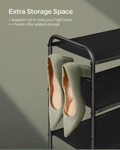 SONGMICS Shoe Rack, 2-Tier Shoe Organizer, Fabric Shoe Shelf Storage with 4 Hooks, Holds up to 12 Pairs of Shoes, Height-Adjustable Shoe Rack for Entryway, Hallway, Closet, Easy Assembly, Ink Black