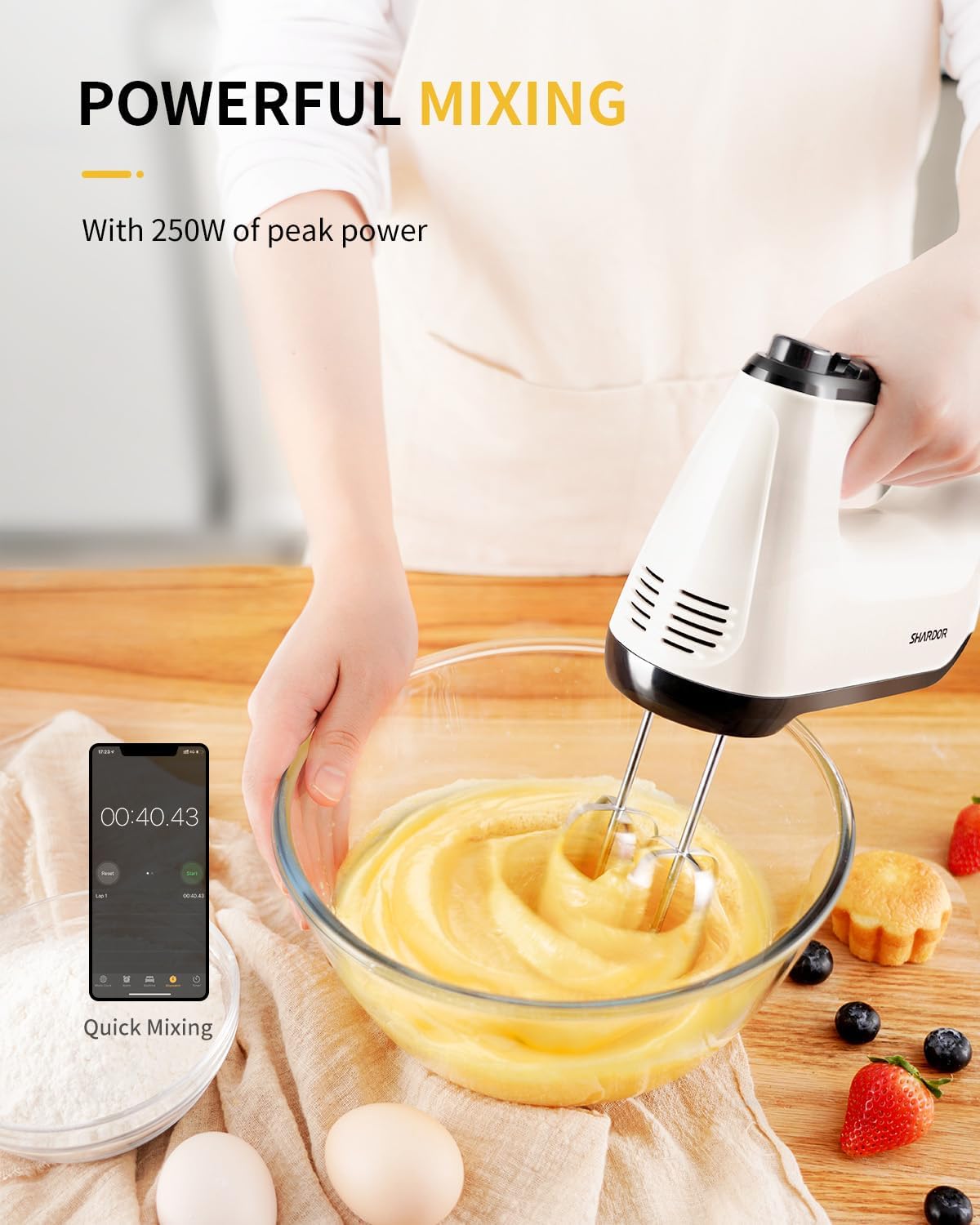 SHARDOR Electric Hand Mixer - 6 Speed Turbo with Snap-On Storage Case & 5 Stainless Steel Attachments - White