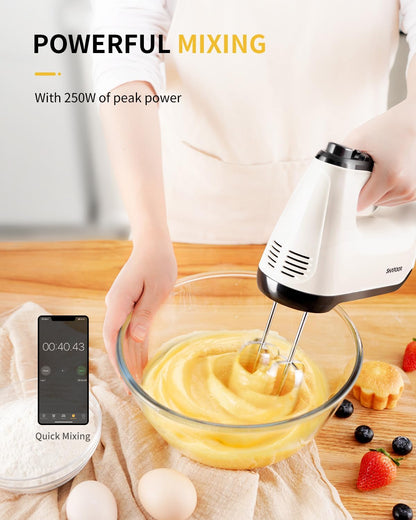 SHARDOR Electric Hand Mixer - 6 Speed Turbo with Snap-On Storage Case & 5 Stainless Steel Attachments - White