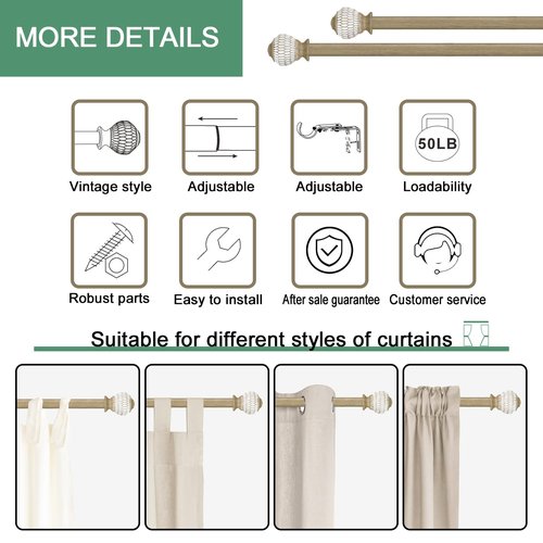 Byondeth Curtain Rods for Windows 16 to 48 Inches Adjustable Length 1 Inch Diameter Window Curtain Rod with Wood Grain Leaf Pattern Finials,for Heavy Duty Curtains Rods