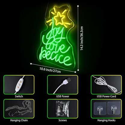 Neon Sign by Christmas Tree - USB Powered LED Light for Wall Decor | Peace, Love, Joy Design