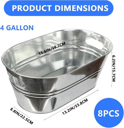 8 Pack Galvanized Tub, Metal Bucket for Drinks 4 Gallon Beverage Tub Large Ice Buckets for Parties Drink Buckets with Carry Handles Tin Bucket for Beer, Cocktail, Wine, Champagne, Fruits