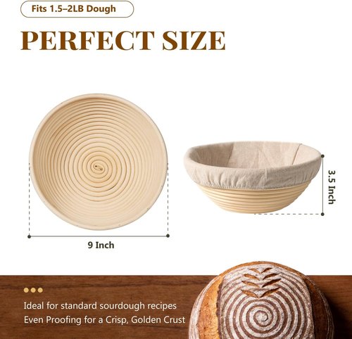 2 Pack Banneton Bread Proofing Baskets - 9 Inch Round Natural Rattan for Sourdough Baking