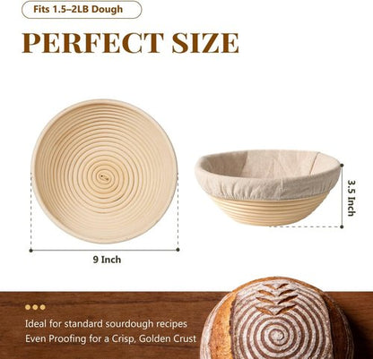 2 Pack Banneton Bread Proofing Baskets - 9 Inch Round Natural Rattan for Sourdough Baking