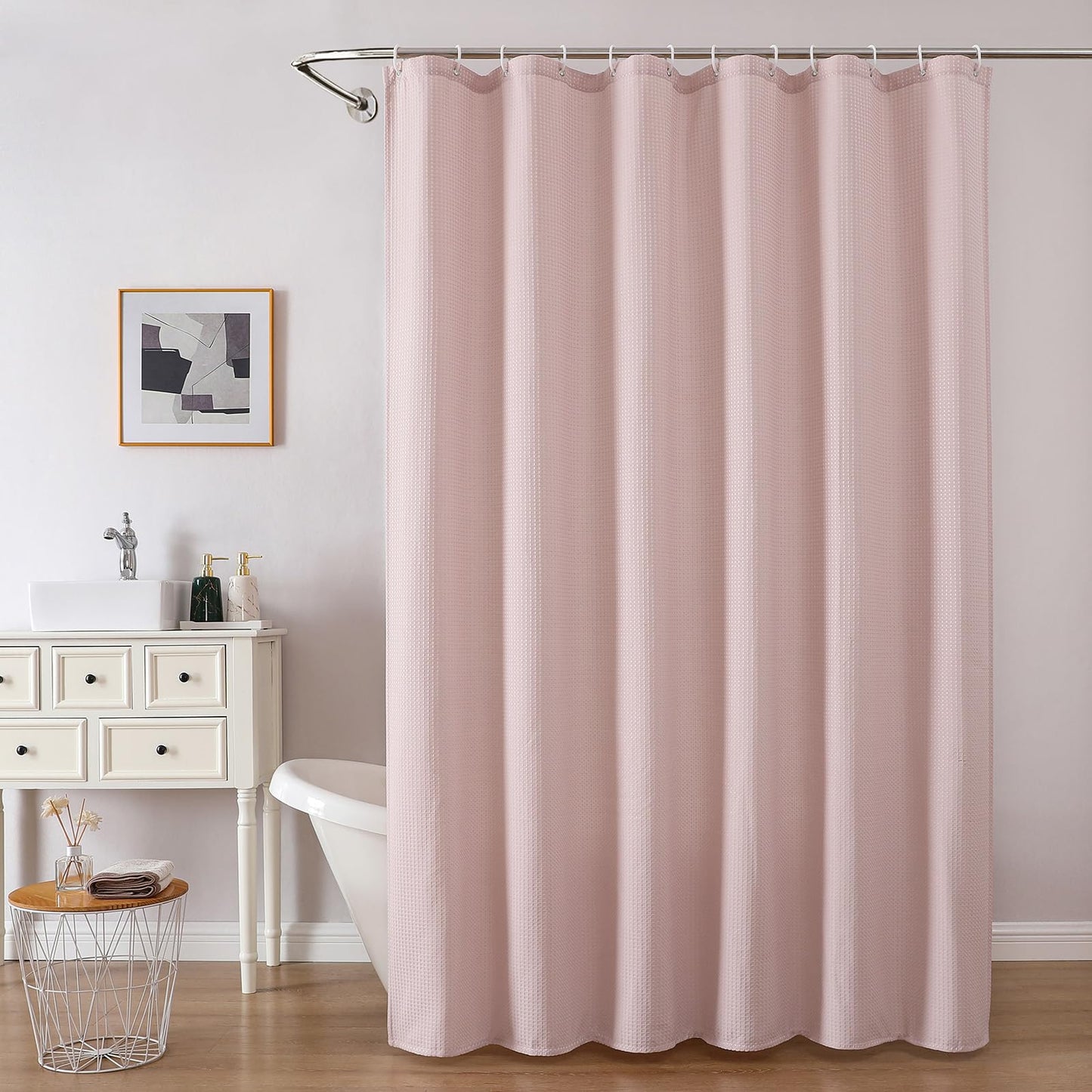 OVZME Extra Long Shower Curtain Set - 84 Inch Long Waffle Weave Heavy Duty Cloth Shower Curtain for Bathroom, Luxury Weighted 230GSM Bath Curtain Set with 12 Plastic Hooks, 72x84, Blush Pink