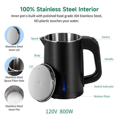 0.8L Small Portable Electric Kettles for Boiling Water, Mini Stainless Steel Travel Kettle, Portable Mini Hot Water Boiler Heater, Quiet Fast Boil with Boil-Dry Protection (White)