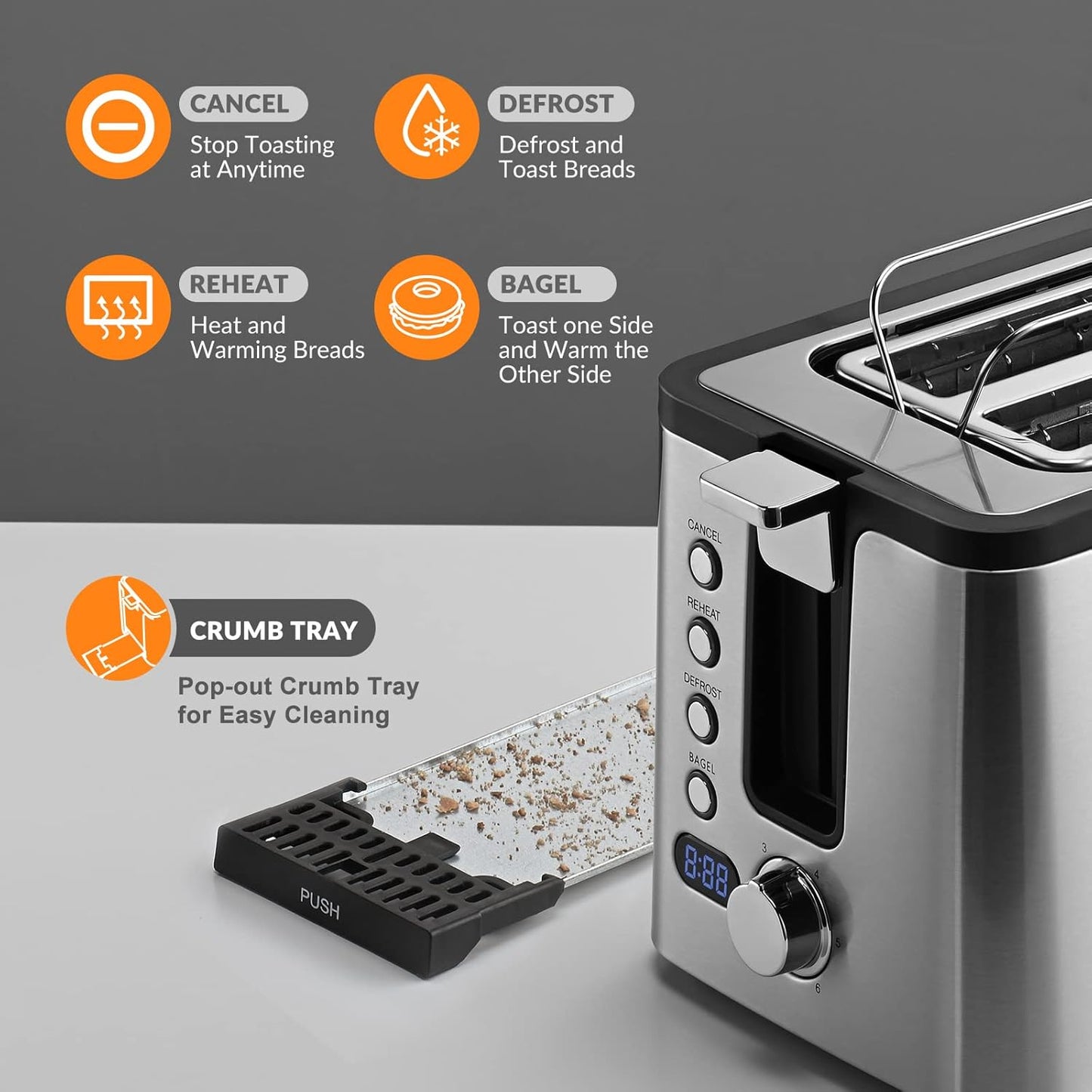 Mecity 2-Slice Stainless Steel Toaster - Timer, Bagel & Defrost Functions | 800W with Extra Wide Slots