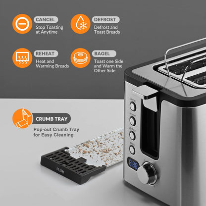 Mecity 2-Slice Stainless Steel Toaster - Timer, Bagel & Defrost Functions | 800W with Extra Wide Slots