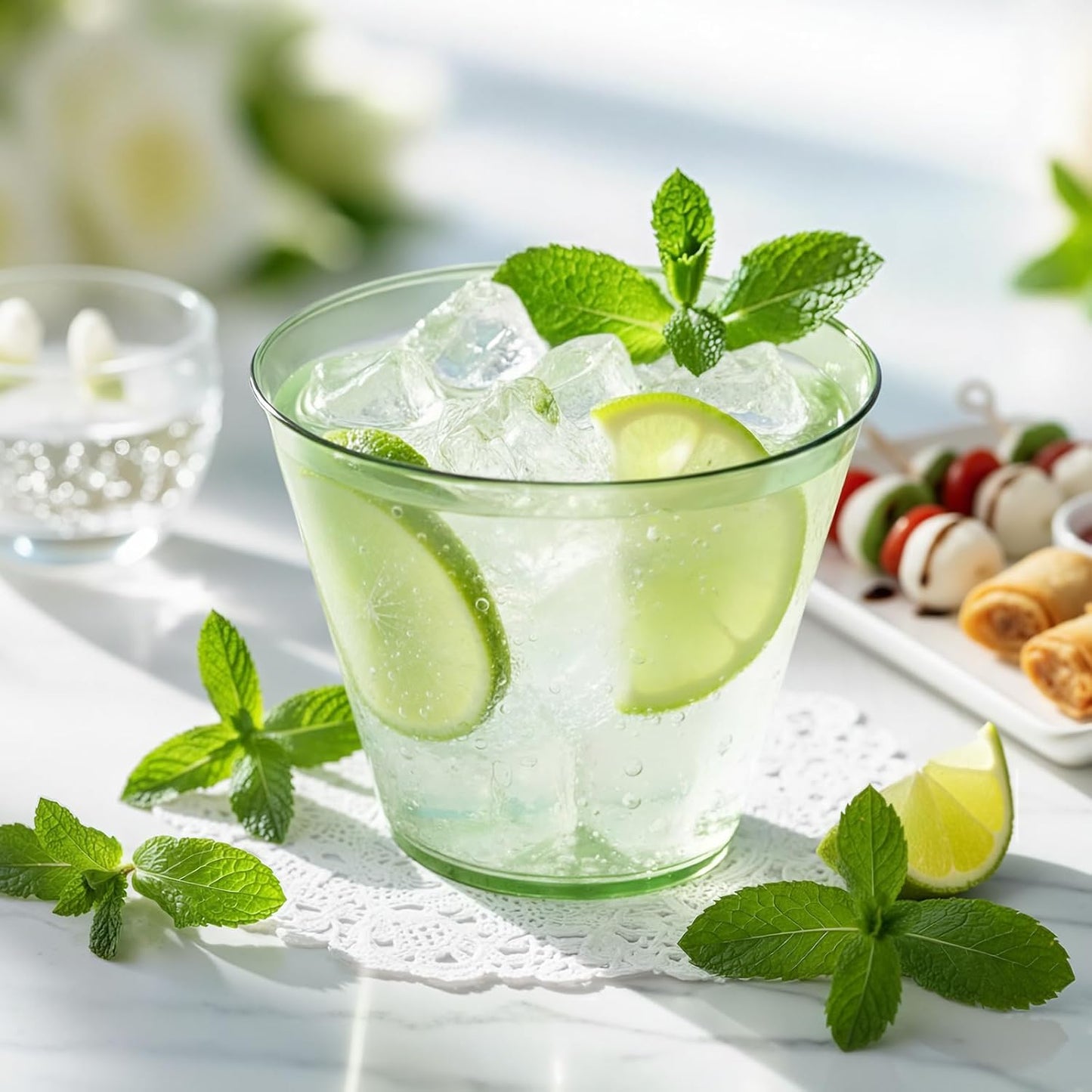 Skiennix 9 Oz Clear Plastic Cups - Green Disposable Cocktail Cups | 50 Pack for Parties & Events