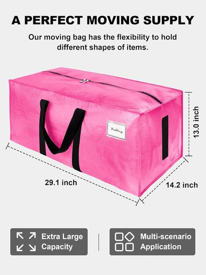 4 Pack Large Moving Bags by [Brand Name] - Water-Resistant Heavy Duty Storage Totes - Space-Saving Design (Pink)