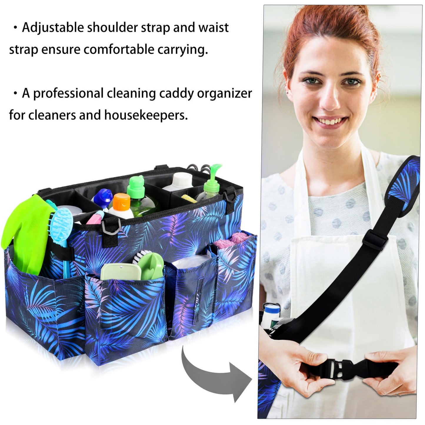 Wearable Cleaning Caddy Bag with Handle, Multi-functional Cleaning Supplies Caddy Organizer with Handle and Shoulder Strap for Car Wash, Gardening Tools, Painting/Picnic Items, Beach (Blue Leaves)