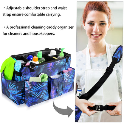 Wearable Cleaning Caddy Bag with Handle, Multi-functional Cleaning Supplies Caddy Organizer with Handle and Shoulder Strap for Car Wash, Gardening Tools, Painting/Picnic Items, Beach (Blue Leaves)