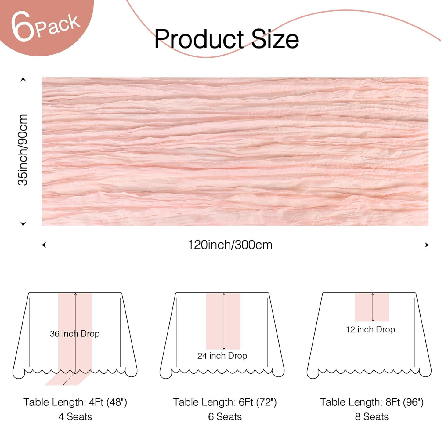 Skiennix 6 Pack Dusty Pink Table Runners - 120 Inch Boho Rustic Gauze for Weddings & Events