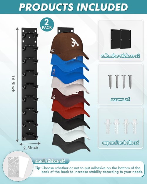 Hat Organizer by [Brand Name] - Strong Adhesive Wall Rack for 18 Baseball Caps | Multi-Layer Hat Hooks - Black