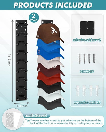 Hat Organizer by [Brand Name] - Strong Adhesive Wall Rack for 18 Baseball Caps | Multi-Layer Hat Hooks - Black