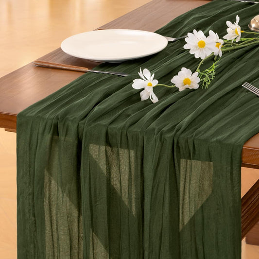 Socomi Olive Green Cheesecloth Table Runner - 120 Inch Rustic Boho Decor for Weddings & Events