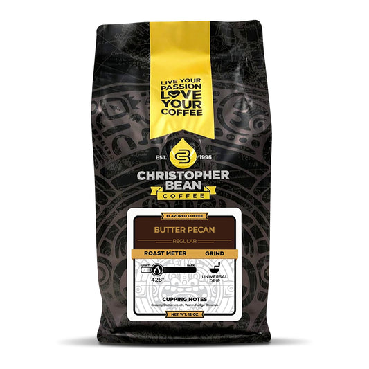 Christopher Bean Coffee - Butter Pecan Flavored Coffee, (Regular Ground) 100% Arabica, No Sugar, No Fats, Made with Non-GMO Flavorings, 12-Ounce Bag of Regular Ground Coffee