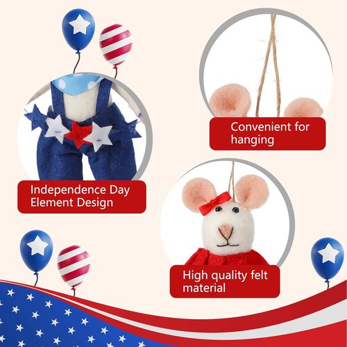 Hahafelt 4 Pcs 4th of July Felt Mice Ornaments - Cute Patriotic Wool Mouse Set | Handmade Red, Blue & White Decor (3.94 Inch)