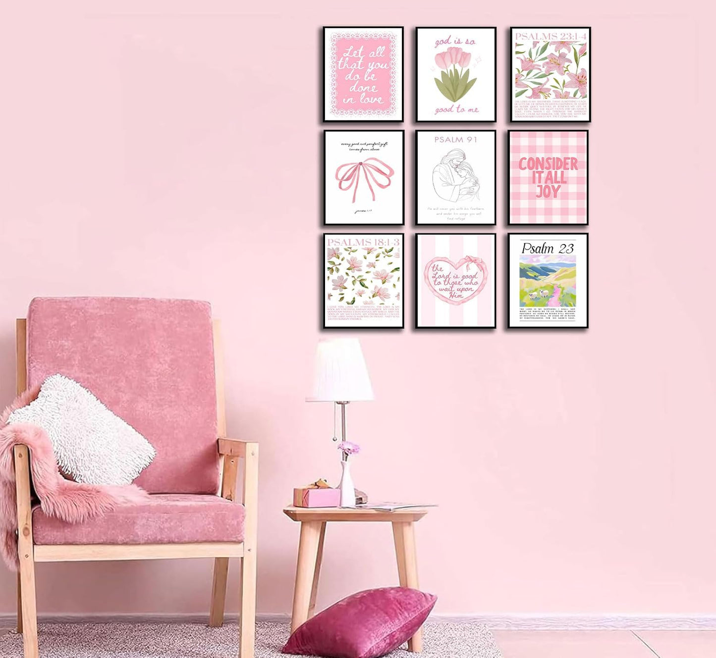 Skiennix 9-Piece Pink Christian Wall Art Set - Trendy Bible Verses & Psalms Decor | 8x10 Inch Prints for Girls' Rooms