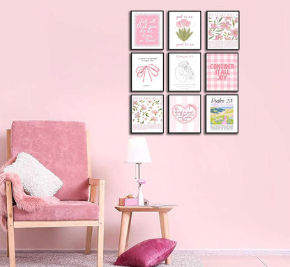 Skiennix 9-Piece Pink Christian Wall Art Set - Trendy Bible Verses & Psalms Decor | 8x10 Inch Prints for Girls' Rooms