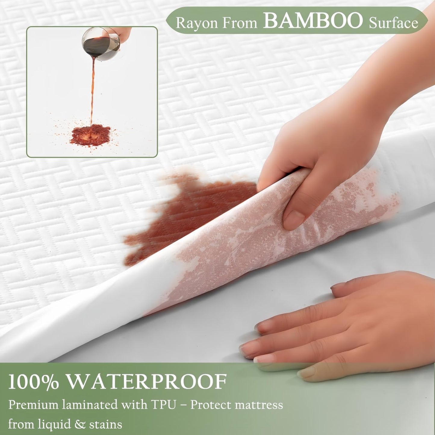 Skiennix Waterproof Mattress Protector - Queen Size Bamboo Viscose Cooling Pad | Breathable & Noiseless, Fits 8''-21'' Deep Mattresses