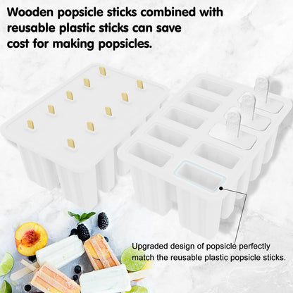 Homemade Popsicle Molds Shapes, Silicone Frozen Ice Popsicle Maker Non-BPA, with 50 Popsicle Sticks, 50 Popsicle Bags, 10 Reusable Popsicle Sticks, Funnel, Brush and Ice Pop Recipes(White)