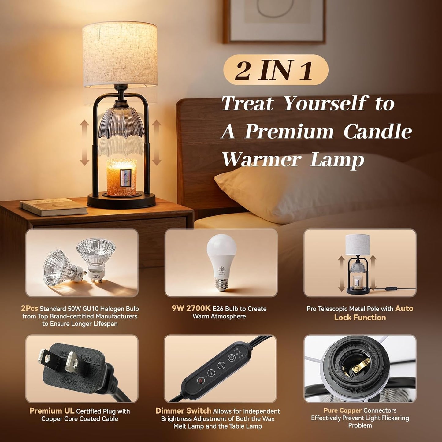 Skiennix Safe Candle Warmer Lamp - Flameless Electric Wax Melt Warmer for Large 3-Wick Candles | Adjustable Height, Timer & Dimmer - Black