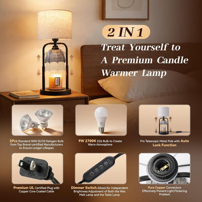 Skiennix Safe Candle Warmer Lamp - Flameless Electric Wax Melt Warmer for Large 3-Wick Candles | Adjustable Height, Timer & Dimmer - Black