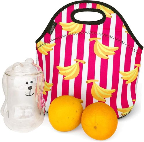 Allydrew Insulated Neoprene Lunch Bag - Stylish Zipper Tote with Bananas and Stripes Design
