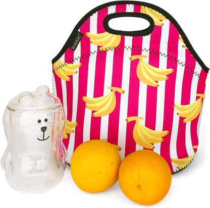 Allydrew Insulated Neoprene Lunch Bag - Stylish Zipper Tote with Bananas and Stripes Design
