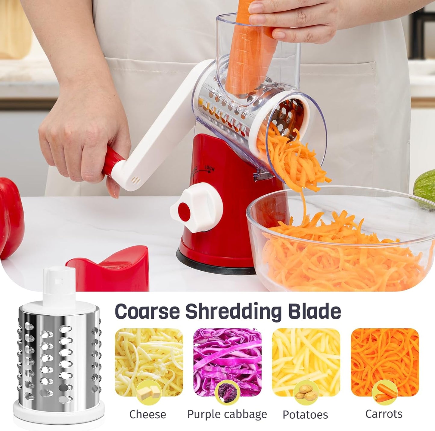 Rotary Cheese Grater - Hand Crank Slicer & Shredder with 3 Blades | Multi-Functional Kitchen Tool in Red