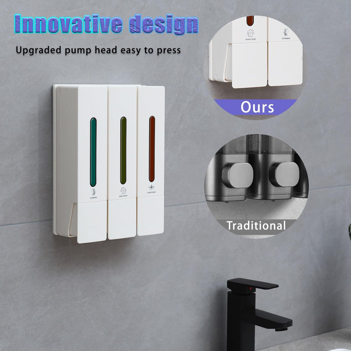 Shampoo and Conditioner Dispenser –Shampoo Dispenser for Shower, Shower Soap Dispenser Wall Mounted, Shower Dispenser 3 Chamber No Drill Body Wash Dispenser, Bathroom & Hotel Use, 1200ML, White