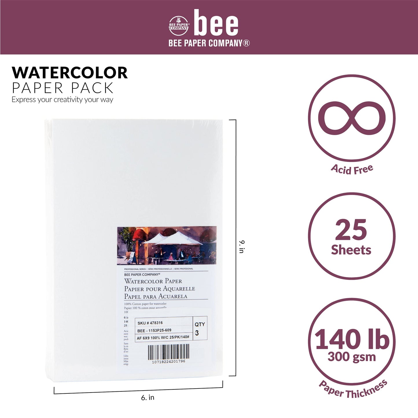 Bee Paper 6" x 9" Watercolor Paper Pack, 140lb, 50 Sheets