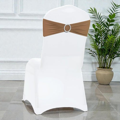 MDS Premium Spandex Chair Sashes - Stretchy Bow Covers with Buckle Slider | 25-Pack in Mocha for Weddings & Events