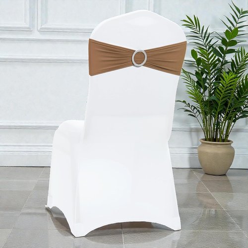 MDS Spandex Chair Sashes - 125 Pack of Elastic Stretch Bows with Buckle Slider for Wedding Decor - Mocha