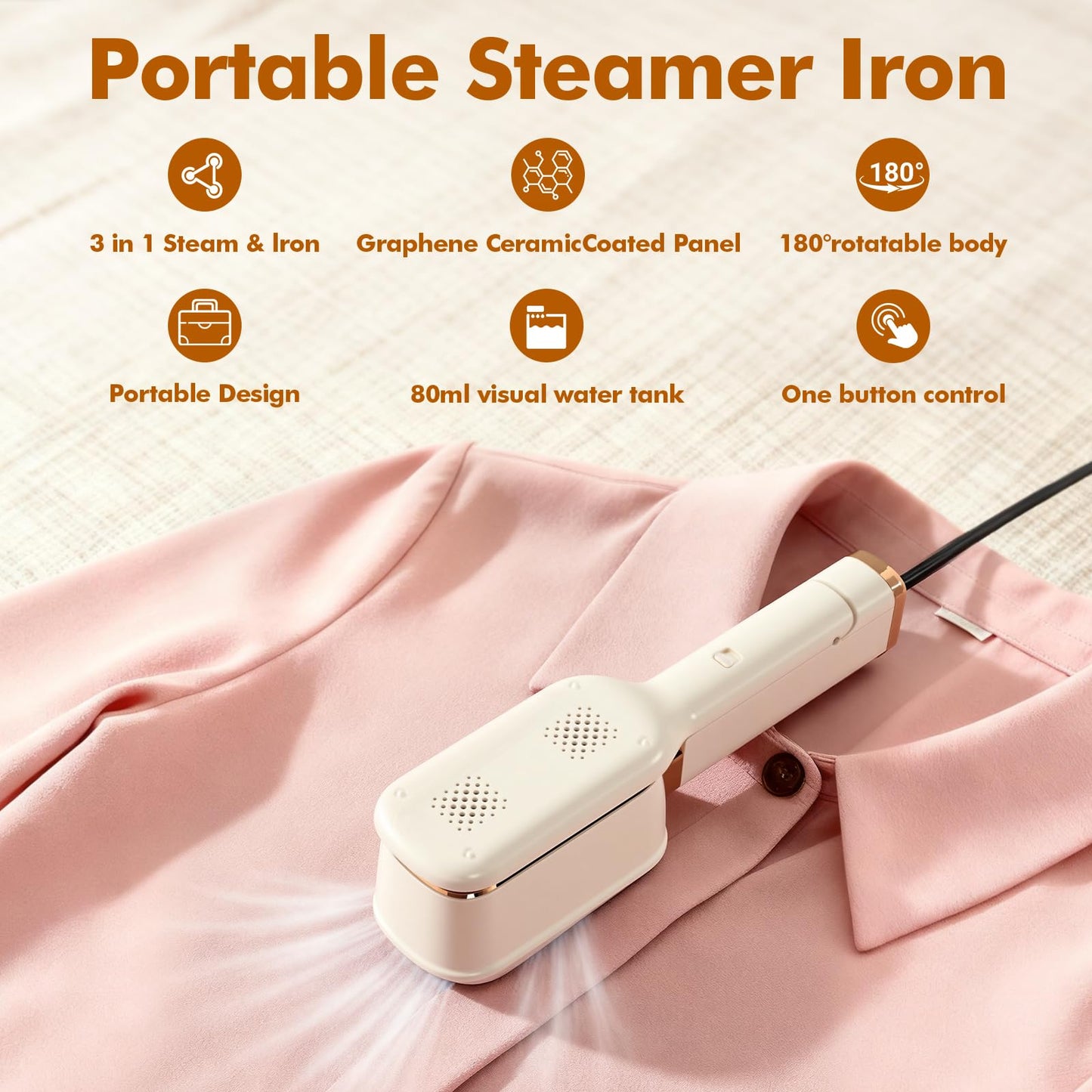 TeSabMi Travel Steamer for Clothes, 3 In 1 Steam, Iron & Press, 15s Heat Up, Lightweight Clothes Steamer, Flip-Design Handheld Portable Steamer, Travel/Home/Office Use