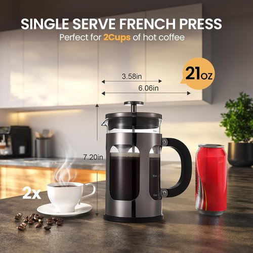 BAYKA French Press Coffee Maker - 21 Ounce Heat Resistant Borosilicate Glass | Dark Pewter Single Serve Brewer