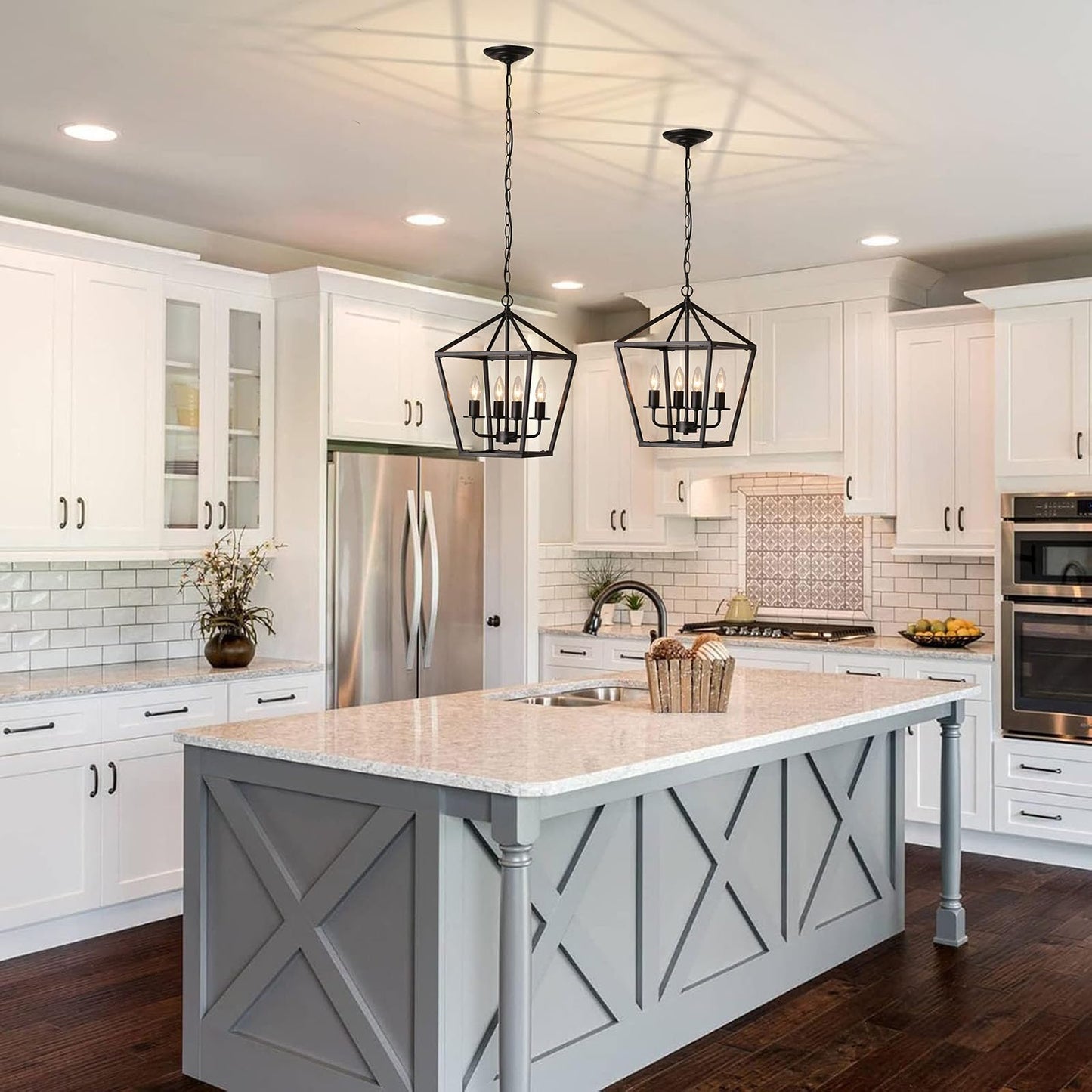 Mlmgmh168 4-Light Black Farmhouse Chandelier Iron Lantern Pendant Light Rustic Cage Hanging Light Fixtures Industrial Foyer Lights for Kitchen Island Dining Room Hallway Foyer Entryway