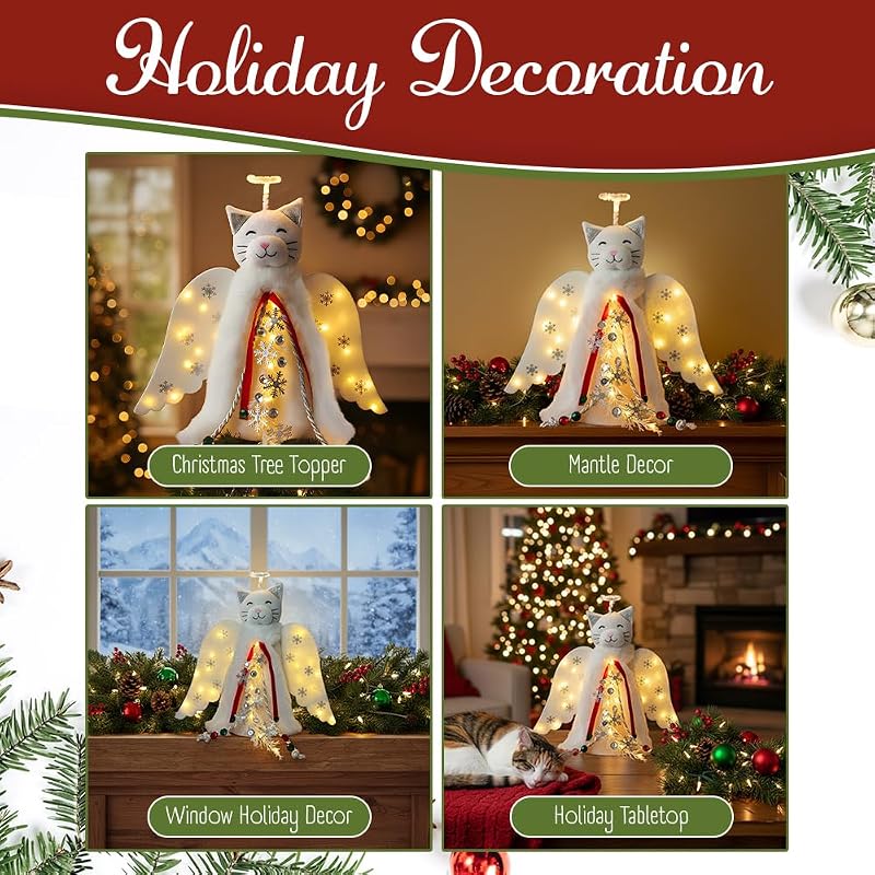Christmas Cat Angel Tree Topper with LED Halo — White Glowing Wings