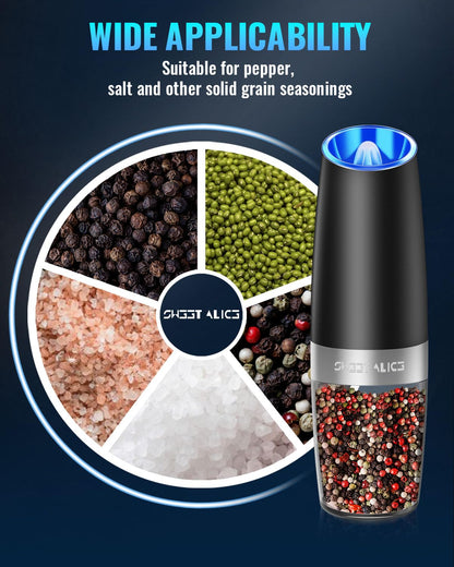 Gravity Electric Pepper/Salt Grinder, Salt or Pepper Mill & Adjustable Coarseness, Battery Powered with LED Light, One Hand Automatic Operation, Stainless Steel (Single/Black)