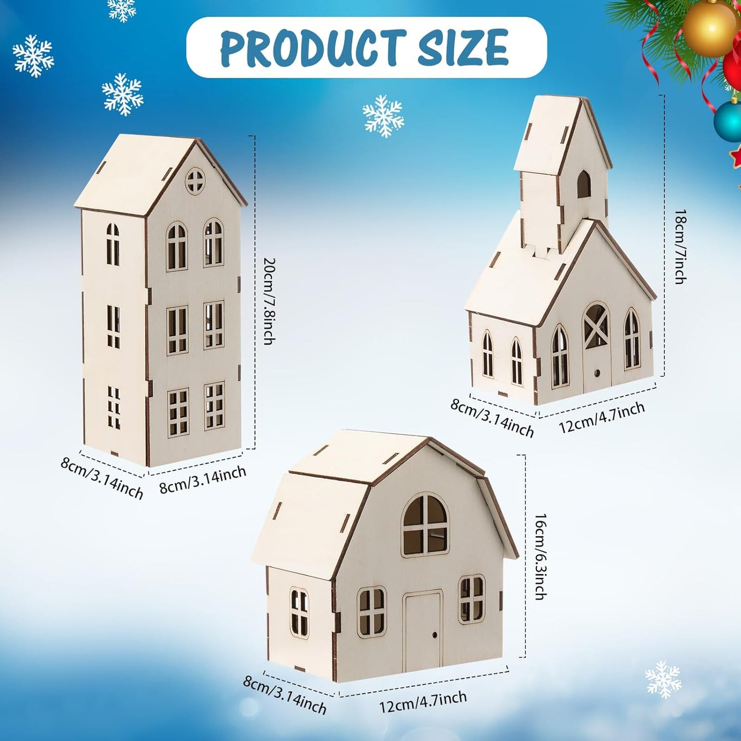 Wonderjune Christmas Village Set - 3 Piece DIY Wooden House Craft Kit for All Ages | 8 Inch Size