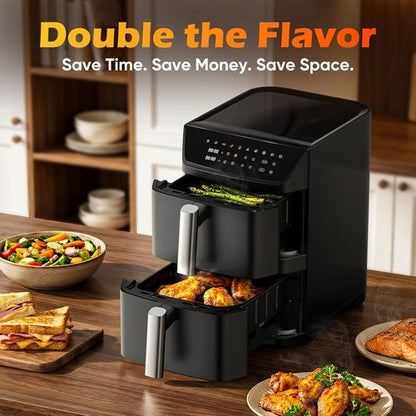 Dual Basket Air Fryer - 12.6QT Family Size for 10-12 People | XL Basket for 6LB Chicken, 10-in-1 Functions, Dishwasher Safe, Black
