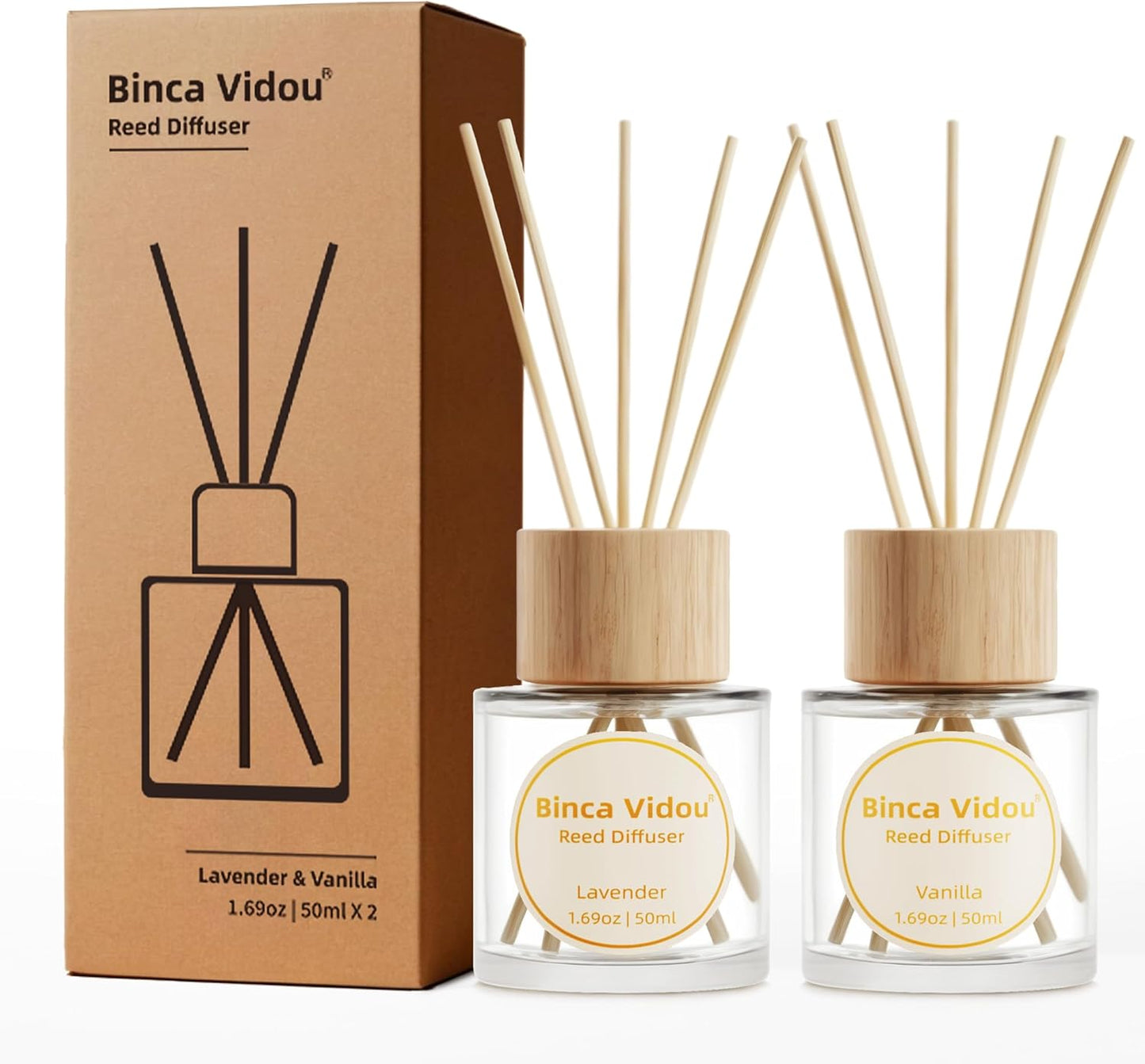 Binca Vidou Reed Diffuser Set - Lavender & Vanilla Natural Scent Oil for Home Aromatherapy | 1.69oz x 2