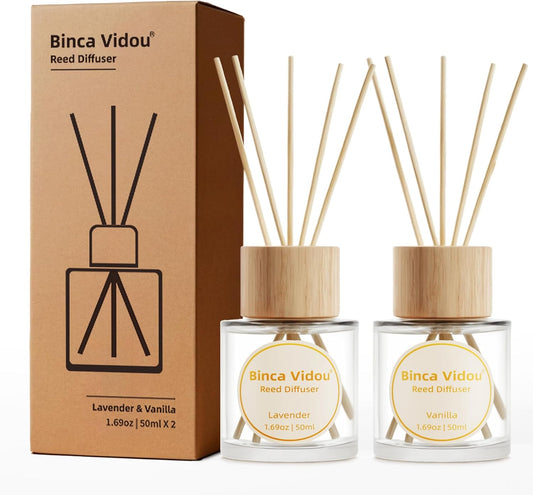 Binca Vidou Reed Diffuser Set - Lavender & Vanilla Natural Scent Oil for Home Aromatherapy | 1.69oz x 2