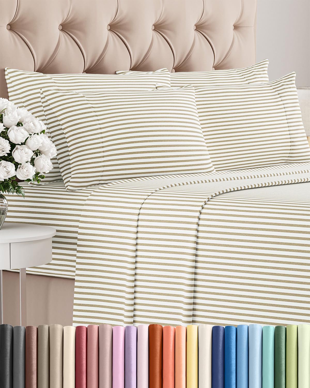 Queen 6 Piece Sheet Set - Soft Hotel Luxury Bedding | Comfy, Breathable & Cooling - Beige Stripes